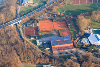 Aerial view of Event hall and sports fields at the Cuppamare of SV 08 Kuppenheim and the Tennis Club Kuppenheim in Kuppenheim in the state Baden-Wuerttemberg, Germany
