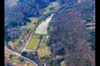 Silzer See and sports field at Klingbach in Silz in the state Rhineland-Palatinate, Germany