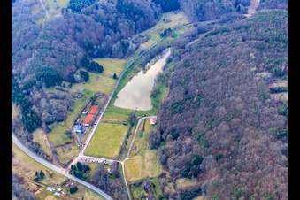 Aerial view of Silzer See and sports field at Klingbach in Silz in the state Rhineland-Palatinate, Germany