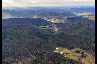 Aerial view of SV Gossersweiler-Stein sports field at the edge of the forest in the district Gossersweiler in Gossersweiler-Stein in the state Rhineland-Palatinate, Germany