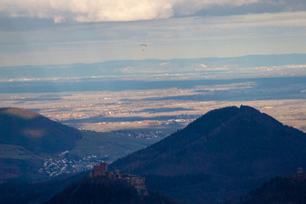 Aerial view of Trifels and Hohenberg in Birkweiler in the state Rhineland-Palatinate, Germany