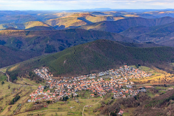 Village in the Palatinate Forest in winter from the south in Wernersberg in the state Rhineland-Palatinate, Germany