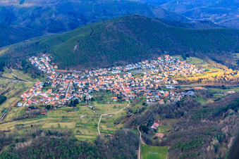 Aerial view of Village in the Palatinate Forest in winter from the south in Wernersberg in the state Rhineland-Palatinate, Germany