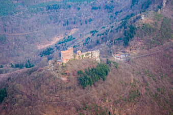The 3 castles Trifels, Anebos and Münz in the district Bindersbach in Annweiler am Trifels in the state Rhineland-Palatinate, Germany seen from above