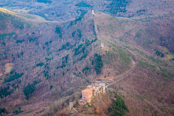 The 3 castles Trifels, Anebos and Münz in Leinsweiler in the state Rhineland-Palatinate, Germany seen from above