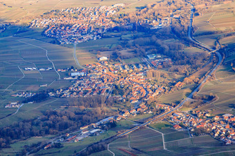 Aerial view of View of the town in winter from the west in Siebeldingen in the state Rhineland-Palatinate, Germany