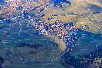 Aerial photograpy of Village above the Kastanienbusch vineyard in winter from the west in Birkweiler in the state Rhineland-Palatinate, Germany
