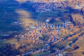 View of the town in winter from the southwest in Siebeldingen in the state Rhineland-Palatinate, Germany