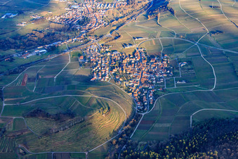 Village above the Kastanienbusch vineyard in winter from the west in Birkweiler in the state Rhineland-Palatinate, Germany from above