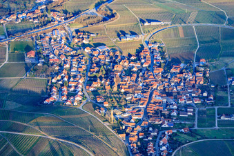 Village above the Kastanienbusch vineyard in winter from the west in Birkweiler in the state Rhineland-Palatinate, Germany seen from above
