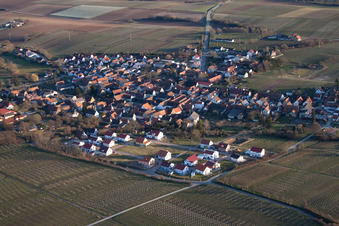 Village - view on the edge of agricultural fields and farmland in Impflingen in the state Rhineland-Palatinate, Germany out of the air