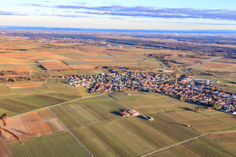 Village view in winter from the northwest in Insheim in the state Rhineland-Palatinate, Germany from above