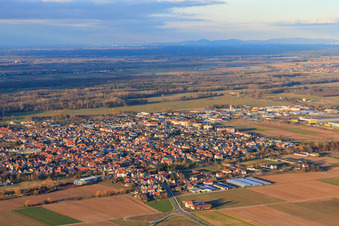 Aerial photograpy of City view from the southwest in winter in Offenbach an der Queich in the state Rhineland-Palatinate, Germany