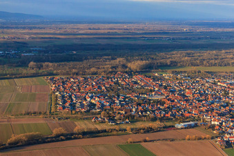 Aerial view of City view from the south in winter in Offenbach an der Queich in the state Rhineland-Palatinate, Germany