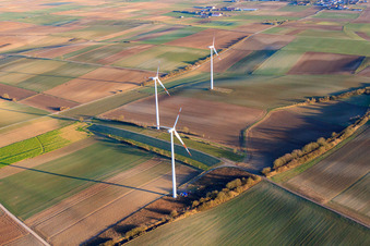 Oblique view of Wind turbines in Offenbach an der Queich in the state Rhineland-Palatinate, Germany