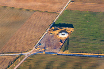 Aerial view of Construction site for the foundation of a wind turbine in Offenbach an der Queich in the state Rhineland-Palatinate, Germany