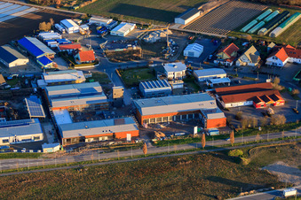 Aerial view of Nordring industrial estate with NETTO and fire station of the volunteer fire department Rülzheim and Serr Wintergärten GmbH in Rülzheim in the state Rhineland-Palatinate, Germany