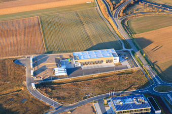 Aerial view of TRANSAC International Freight Forwarding Company Ltd. in the Speyer Valley Industrial Estate in Rülzheim in the state Rhineland-Palatinate, Germany