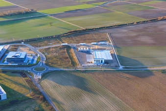 Oblique view of TRANSAC International Freight Forwarding Company Ltd. in the Speyer Valley Industrial Estate in Rülzheim in the state Rhineland-Palatinate, Germany