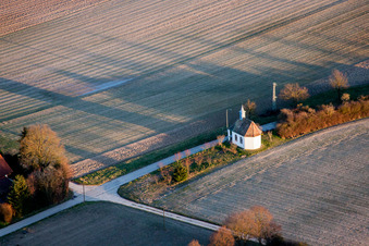 Aerial view of Churches building of a chapel in Ruelzheim in the state Rhineland-Palatinate, Germany