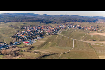 View of the town with the beginning of the German Wine Route from the southeast in the district Schweigen in Schweigen-Rechtenbach in the state Rhineland-Palatinate, Germany