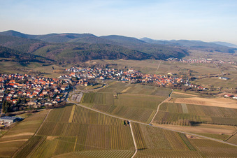 District Schweigen in Schweigen-Rechtenbach in the state Rhineland-Palatinate, Germany seen from a drone
