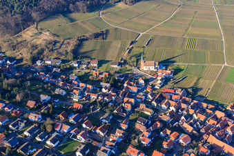 Aerial view of Protestant Church Rechtenbach at the vineyard in winter in the district Rechtenbach in Schweigen-Rechtenbach in the state Rhineland-Palatinate, Germany