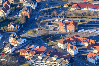Aerial view of Dead-end station at the Weinstraße / Kappeller Straße circular route in Bad Bergzabern in the state Rhineland-Palatinate, Germany