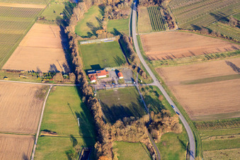 Aerial view of Sports fields and sports center of SV Klingenmünster eV at Klingbach in winter in Klingenmünster in the state Rhineland-Palatinate, Germany