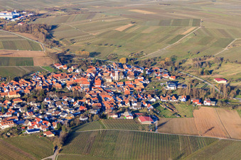 Aerial view of Village view in winter from the south in Göcklingen in the state Rhineland-Palatinate, Germany