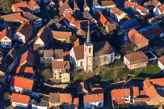 Aerial view of Catholic Church of St. Laurentius and Laurentius Garden in Pfaffengasse in Göcklingen in the state Rhineland-Palatinate, Germany