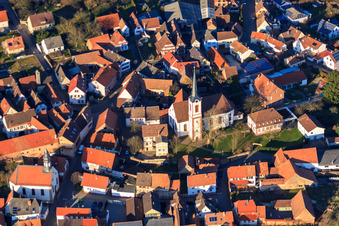 Aerial photograpy of Catholic Church of St. Laurentius and Laurentius Garden in Pfaffengasse in Göcklingen in the state Rhineland-Palatinate, Germany