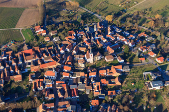 Oblique view of Catholic Church of St. Laurentius and Laurentius Garden in Pfaffengasse in Göcklingen in the state Rhineland-Palatinate, Germany
