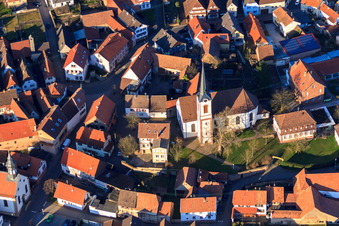 Catholic Church of St. Laurentius and Laurentius Garden in Pfaffengasse in Göcklingen in the state Rhineland-Palatinate, Germany from above