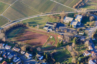 Kleine Kalmit Primary School and Stadium in Ilbesheim bei Landau in the state Rhineland-Palatinate, Germany seen from above