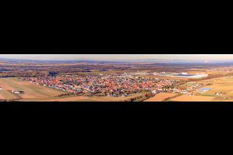 City panorama to the industrial area Interpark from the southwest in winter in Offenbach an der Queich in the state Rhineland-Palatinate, Germany