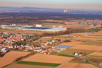 Oblique view of Industrial area Interpark from the southwest in winter in Offenbach an der Queich in the state Rhineland-Palatinate, Germany