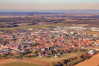City view from the southwest in winter in Offenbach an der Queich in the state Rhineland-Palatinate, Germany seen from above