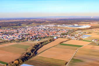 City view from the southwest in winter in Offenbach an der Queich in the state Rhineland-Palatinate, Germany from the plane