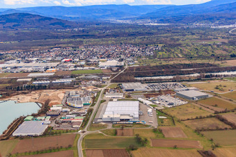 Muggenst industrial area. Landstr at Schertle-See from the west with Betz Logistik in Bietigheim in the state Baden-Wuerttemberg, Germany