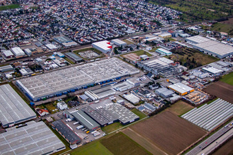 Aerial view of L'Oreal Germany Logistics Center in Muggensturm in the state Baden-Wuerttemberg, Germany