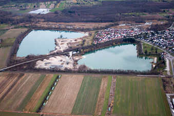 Aerial view of Gebr. Klatenbach Gravel Works in Muggensturm in the state Baden-Wuerttemberg, Germany