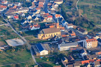 Aerial view of Catholic Church of the Cross in Steinmauern in the state Baden-Wuerttemberg, Germany