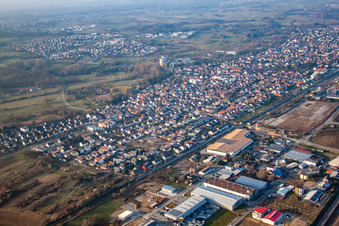 Aerial photograpy of Town View of the streets and houses of the residential areas in Durmersheim in the state Baden-Wurttemberg