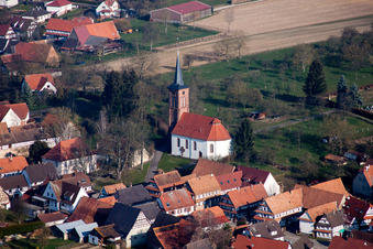 Aerial view of Protestant Church building in the village of in Hunspach in Grand Est, France