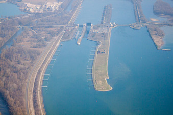 Sluice in Gambsheim in the state Bas-Rhin, France viewn from the air