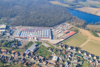 Aerial view of WeberHaus GmbH & Co. KG and World of Living in the district Linx in Rheinau in the state Baden-Wuerttemberg, Germany
