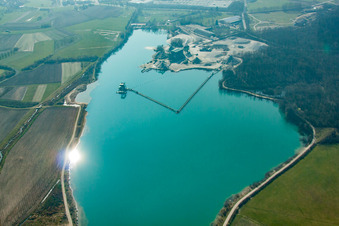 Aerial view of Quarry lake in the district Legelshurst in Willstätt in the state Baden-Wuerttemberg, Germany