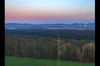 Aerial view of Otterbach lowlands in the morning mist in Kandel in the state Rhineland-Palatinate, Germany