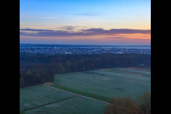 Aerial photograpy of Otterbach lowlands in the morning mist in Kandel in the state Rhineland-Palatinate, Germany
